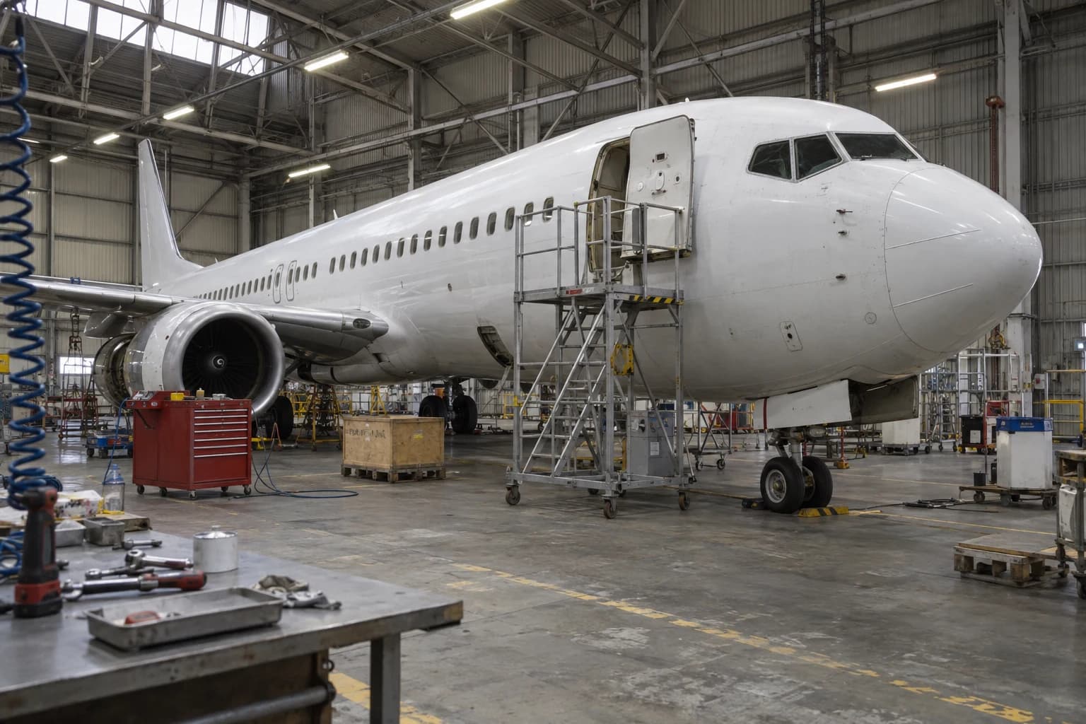 Illustrative unbranded commercial passenger aircraft inside a maintenance hangar