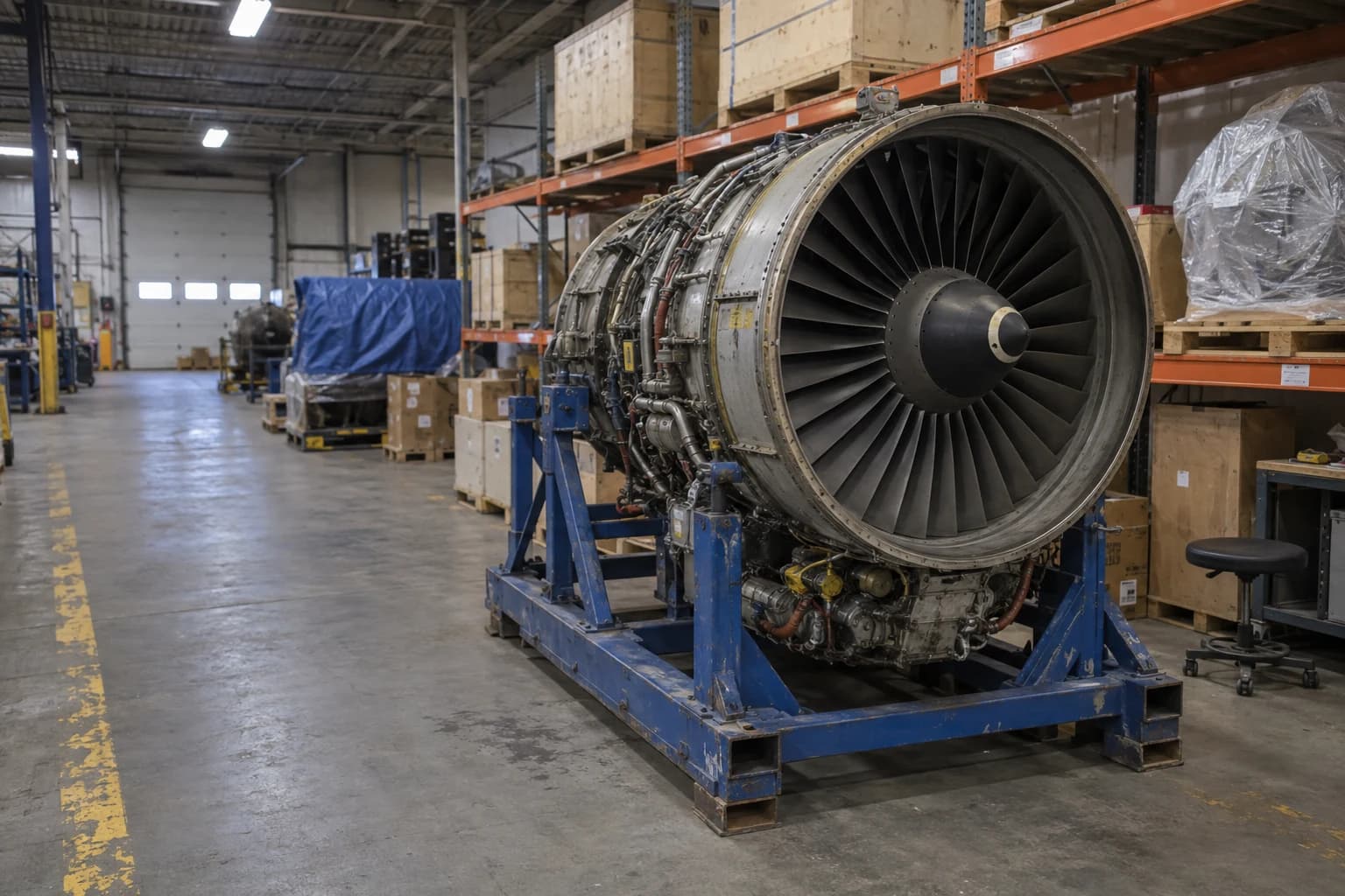 Illustrative aviation parts warehouse with storage racks and an aircraft engine